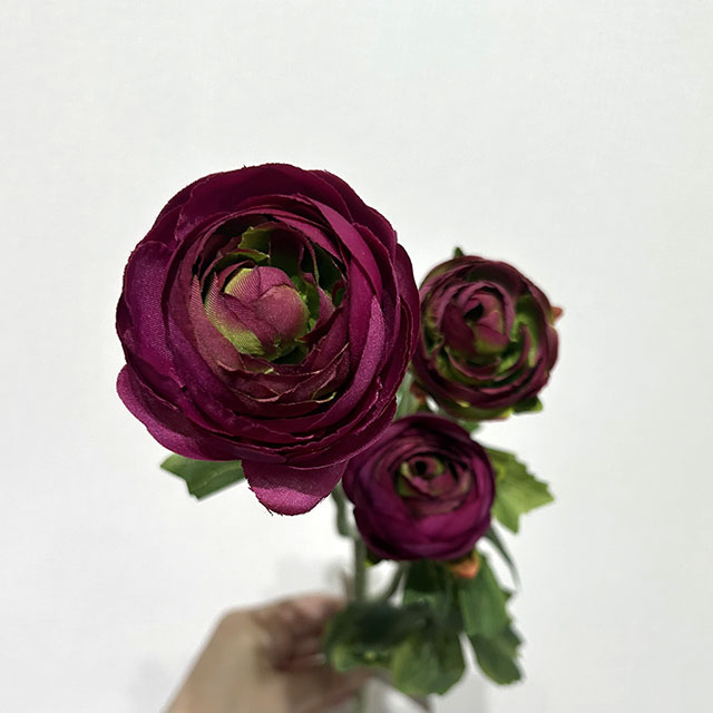 3-Head Single Stem Artificial Ranunculus, Deep Burgundy with Green Center