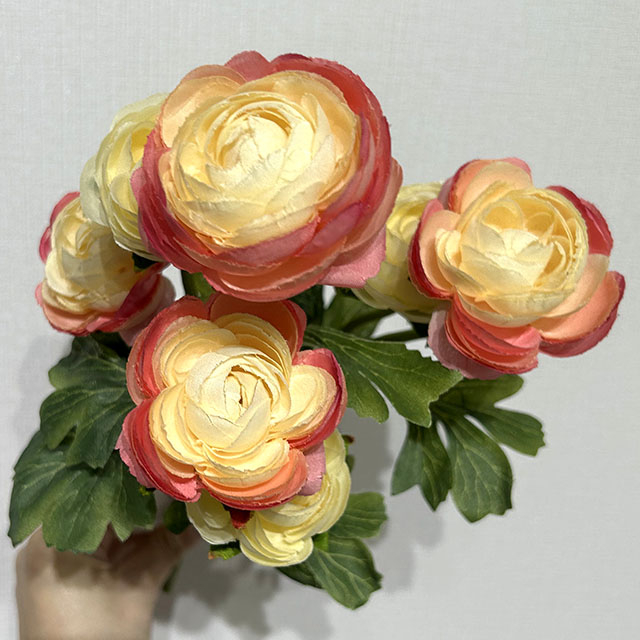 Artificial Two-Tone Pink & Cream Ranunculus, Multi-Bloom Bush with Green Foliage