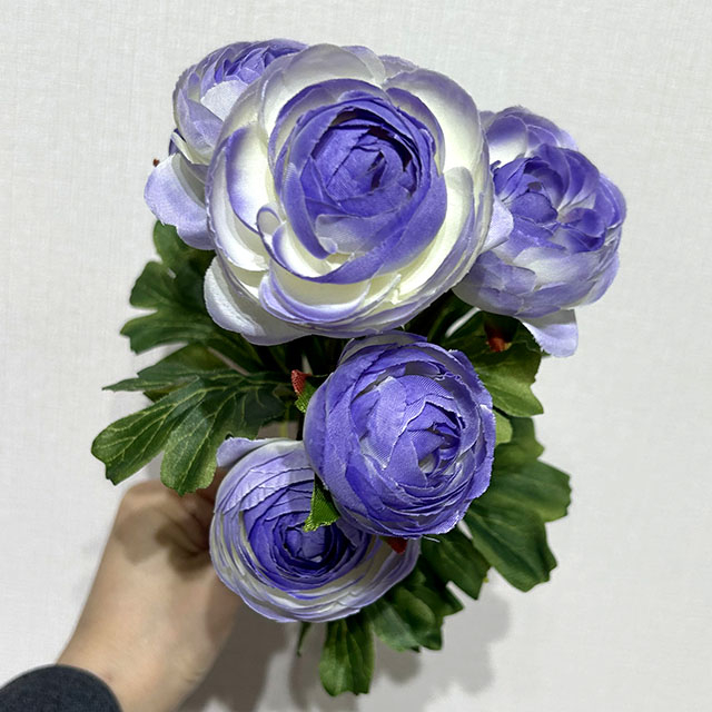 Artificial Two-Tone Light Purple Ranunculus, Multi-Bloom Bush with Green Foliage