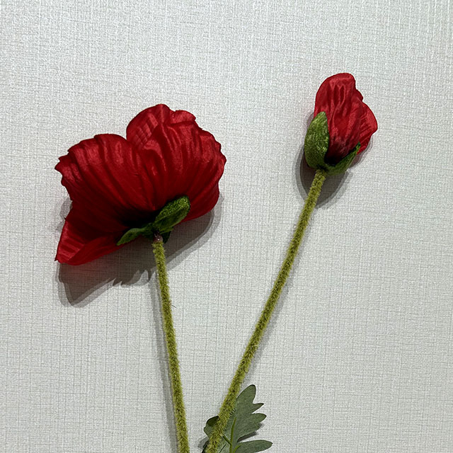 Artificial Red Poppy Stem, Double Bloom with Foliage