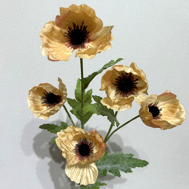Artificial Champagne Poppy Stem, 5-Bloom with Foliage