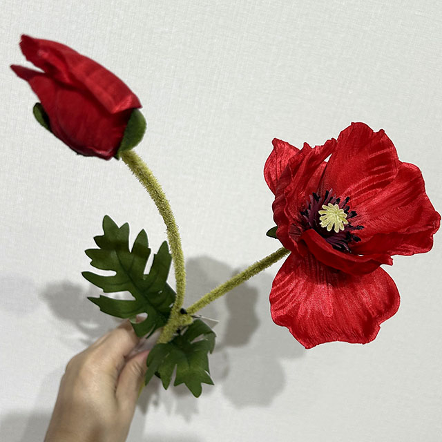 Artificial Red Poppy Stem, Long Stem with Foliage
