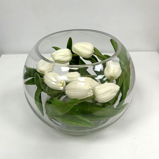 Artificial Pure White Tulip Arrangement in Round Glass Vase