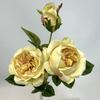 3-Head Single Stem Artificial Garden Rose, Cream Yellow with Blush Pink Edges