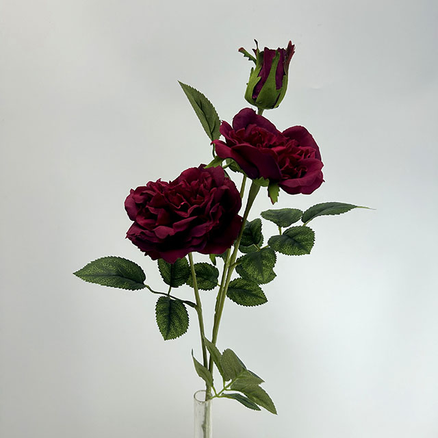 3-Head Single Stem Artificial Garden Rose,Deep Burgundy Red