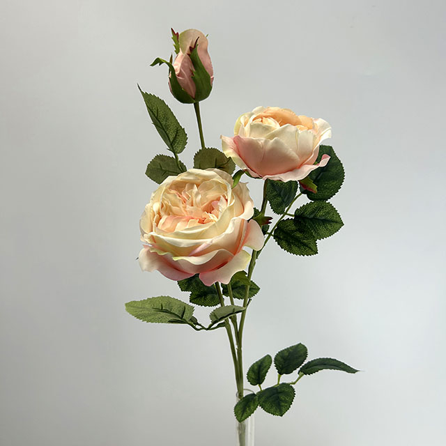3-Head Single Stem Artificial Garden Rose, Cream Blush with Pale Pink Edge