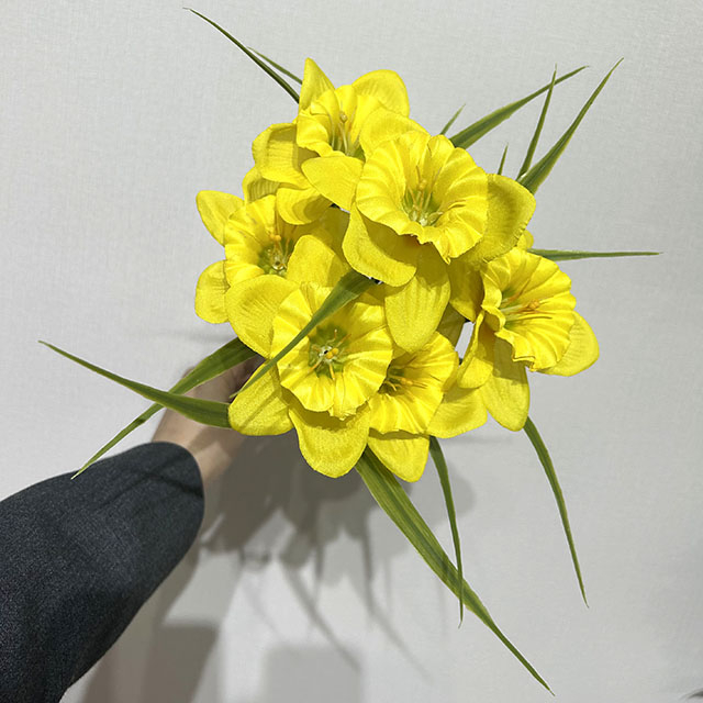 Artificial Yellow Daffodil Bouquet, Bright Yellow with Green Center Accents