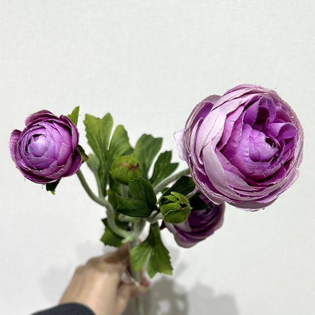 3-Head Single Stem Artificial Ranunculus, Deep Lavender Purple Ombré with Buds