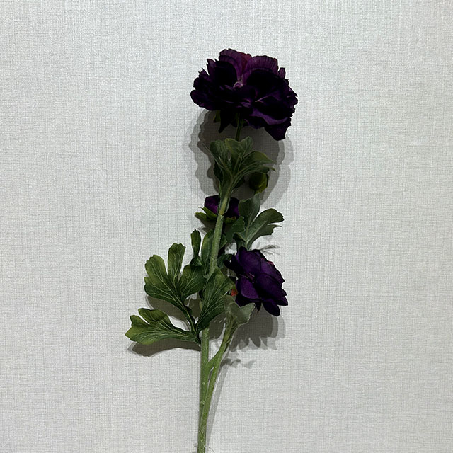 3-Head Single Stem Artificial Ranunculus, Deep Eggplant Purple with Green Center