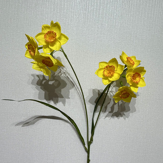 Artificial Long Stem Bright Yellow Daffodil, Multi-Bloom with Orange Ruffled Center
