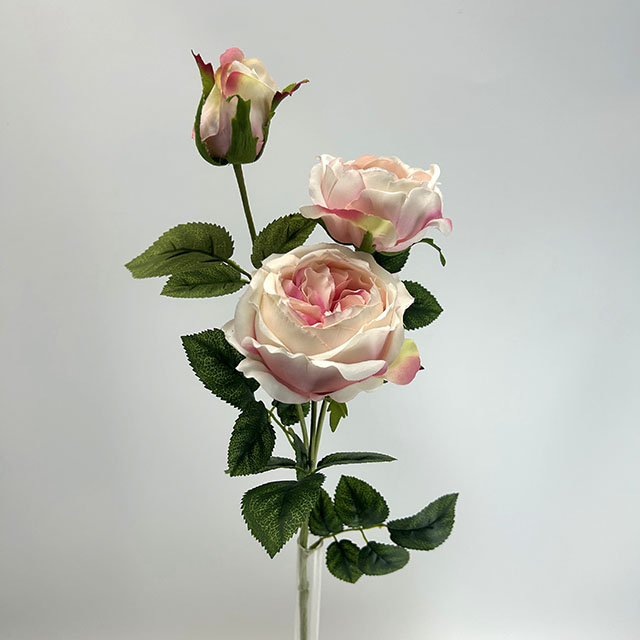 3-Head Single Stem Artificial Garden Rose, Cream White with Blush Pink Center