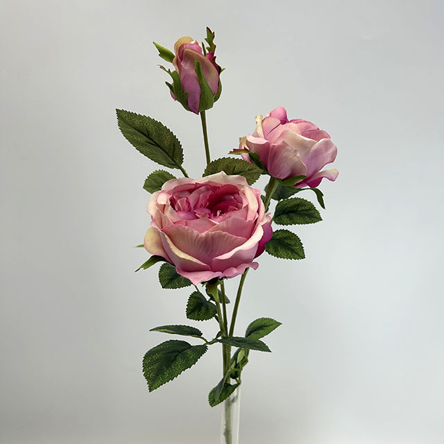 3-Head Single Stem Artificial Garden Rose, Antique Pink with Pale Yellow Edge
