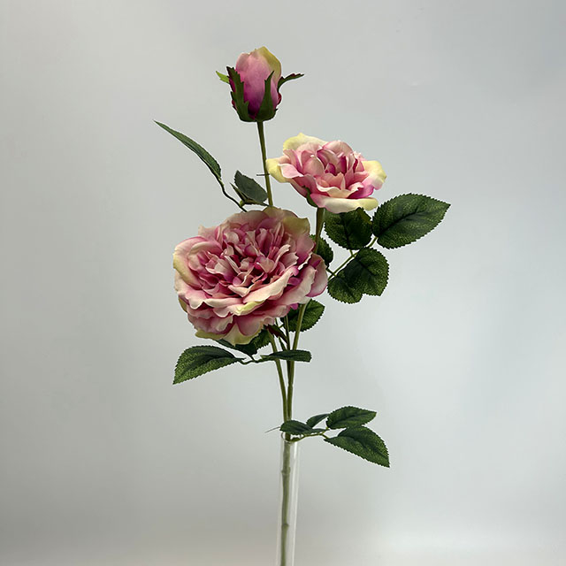 3-Head Single Stem Artificial Garden Rose, Blush Pink with Pale Yellow Edge