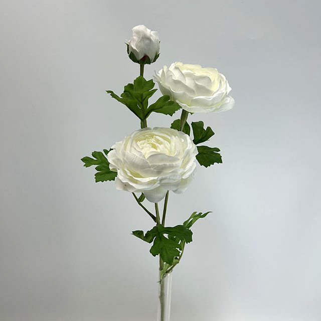 3-Head Single Stem Artificial Ranunculus, Pure White with Cream Center
