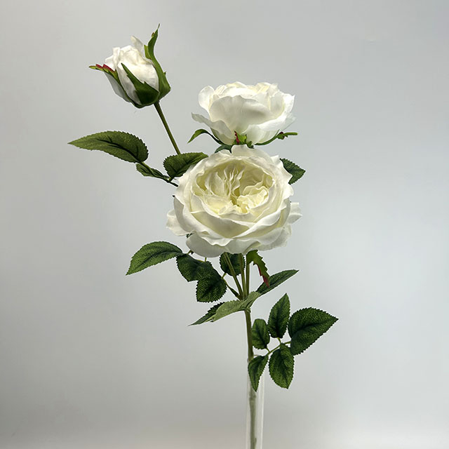 3-Head Single Stem Artificial Garden Rose, Pure Cream White
