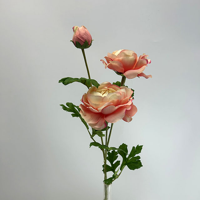3-Head Single Stem Artificial Ranunculus, Peach & Pink Bicolor