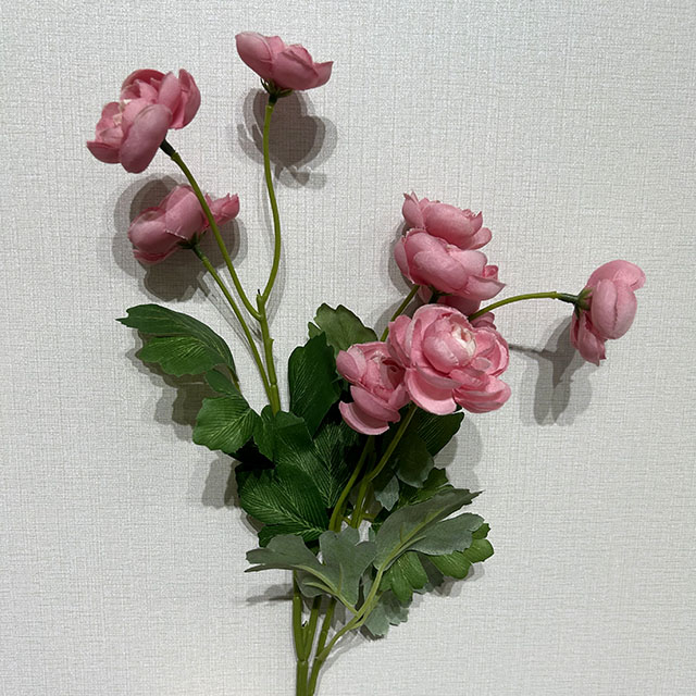 Artificial Long Stem Pink Ranunculus, Multi-Bloom with Green Foliage