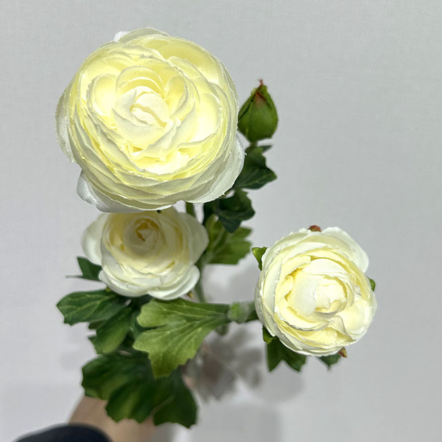 3-Head Single Stem Artificial Ranunculus, Pure Cream White