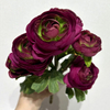 Artificial Two-Tone Deep Purple Ranunculus, Multi-Bloom Bush with Green Foliage