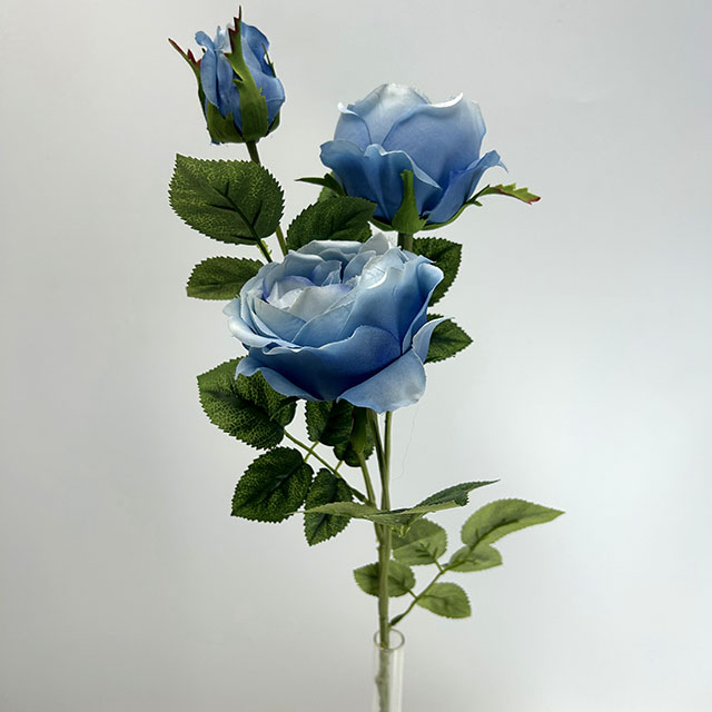 3-Head Single Stem Artificial Garden Rose, Dusty Sky Blue