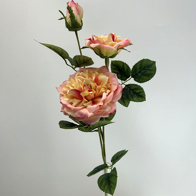 3-Head Single Stem Artificial Garden Rose, Cream Yellow with Blush Pink Edge