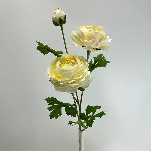 3-Head Single Stem Artificial Ranunculus, Cream Yellow with Pink Edges