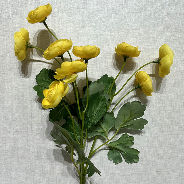 Artificial Long Stem Bright Yellow Ranunculus, Multi-Bloom with Green Foliage