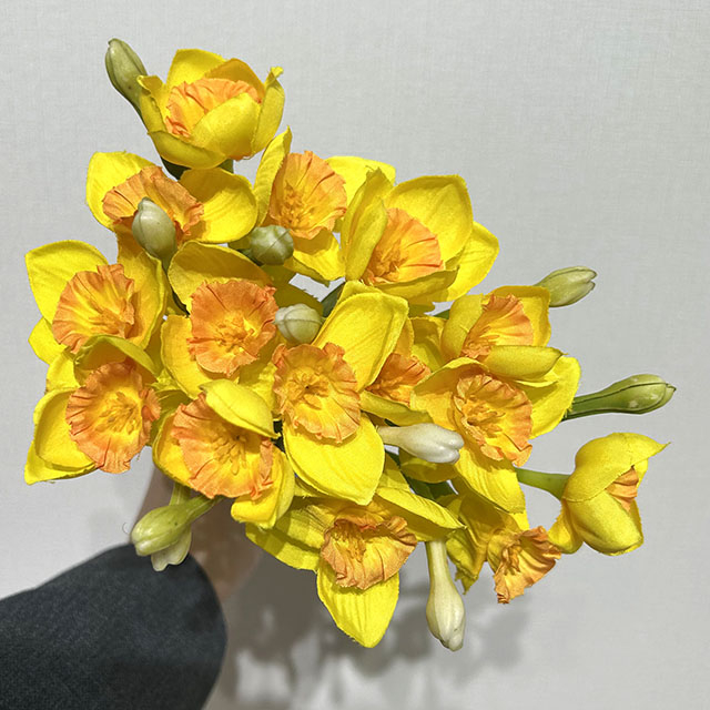 Artificial Yellow Daffodil Bouquet, Bright Yellow with Orange Ruffled Center.
