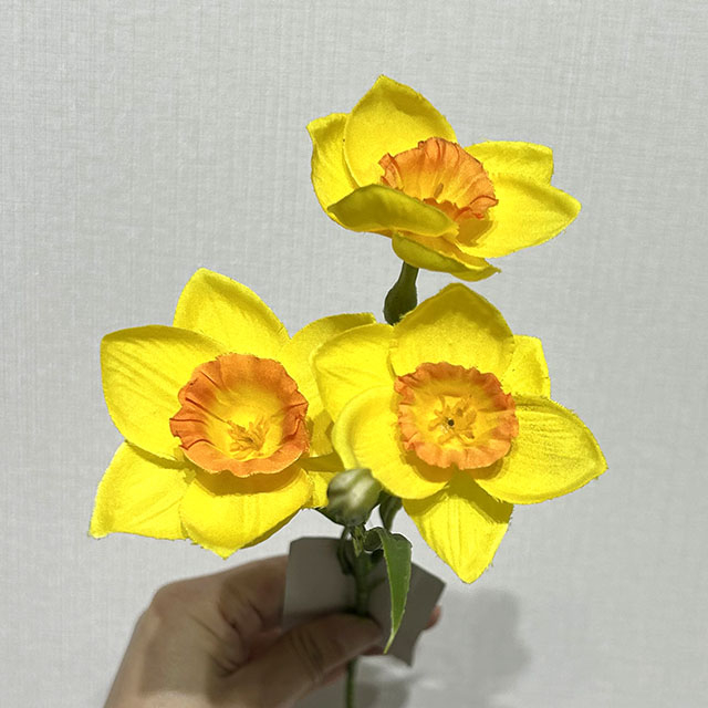 3-Head Single Stem Artificial Daffodil, Bright Yellow with Orange Ruffled Center