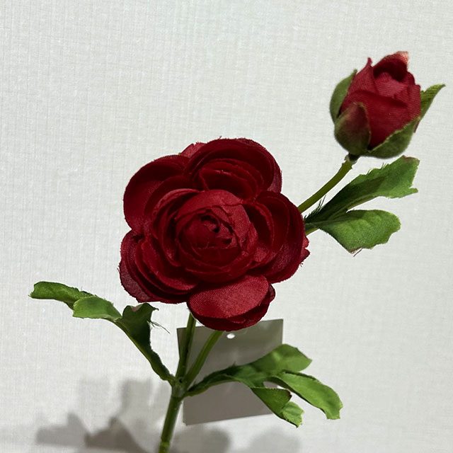 Artificial Deep Red Ranunculus, Single Bloom with Bud & Green Foliage