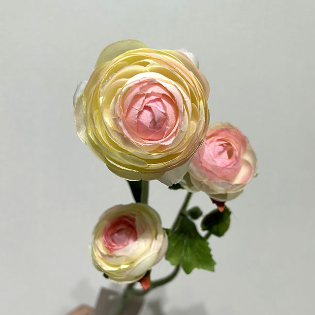 3-Head Single Stem Artificial Ranunculus, Yellow-Pink Bi-Color Ombré