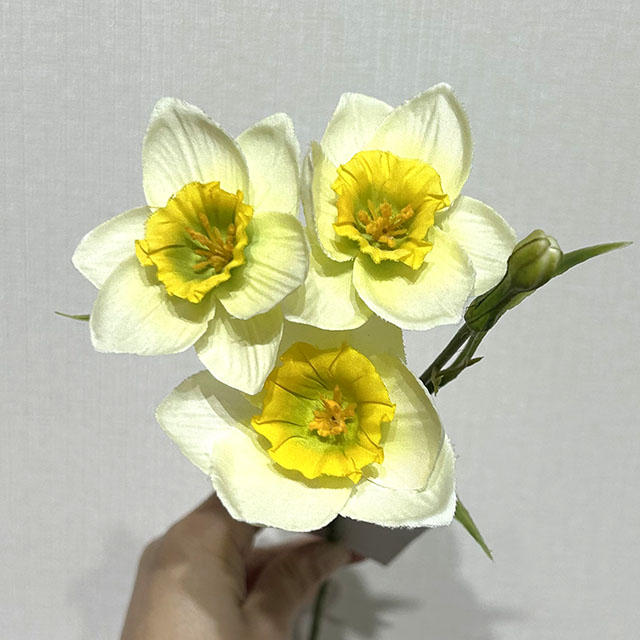 3-Head Single Stem Artificial Daffodil, Cream White with Yellow Ruffled Center