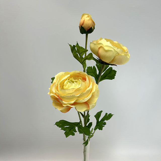 3-Head Single Stem Artificial Ranunculus, Cream Yellow with Peach Gradient