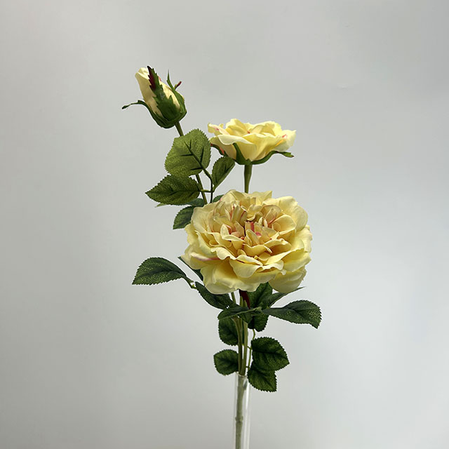 3-Head Single Stem Artificial Garden Rose, Cream Yellow with Pink Edges