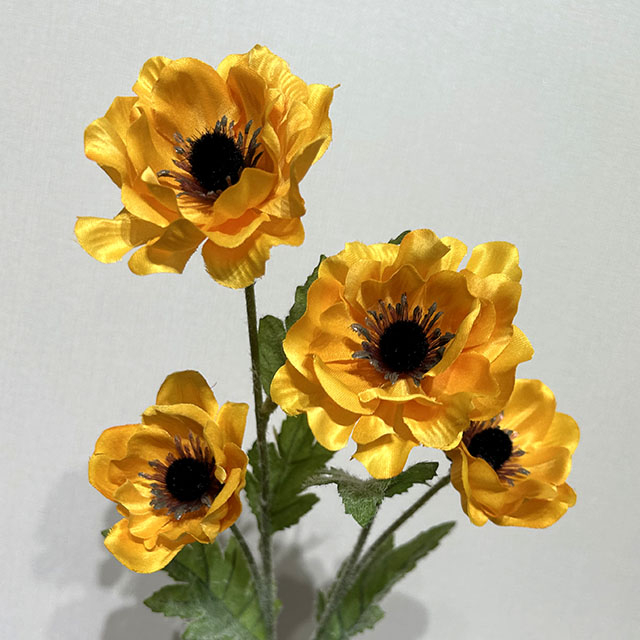 Artificial Yellow Anemone Stem, 4-Bloom with Foliage