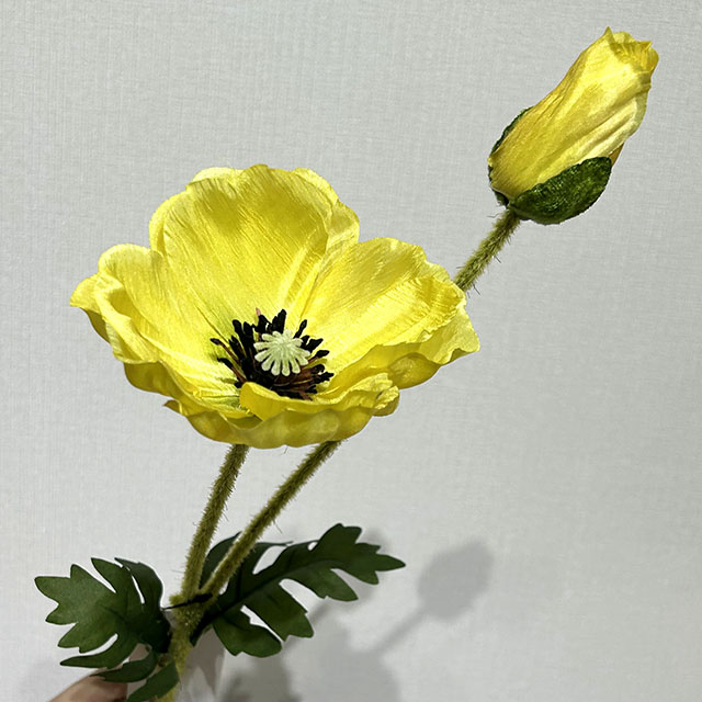 Artificial Yellow Poppy Stem, Long Stem with Foliage