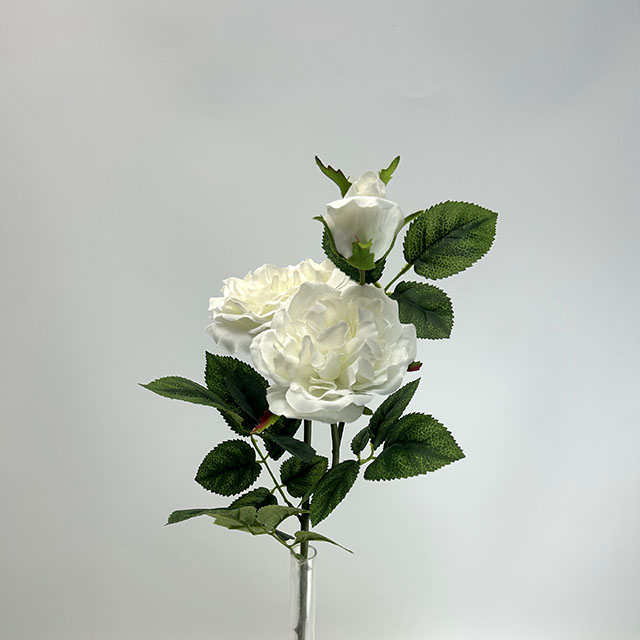 3-Head Single Stem Artificial Garden Rose, Pure Cream White.